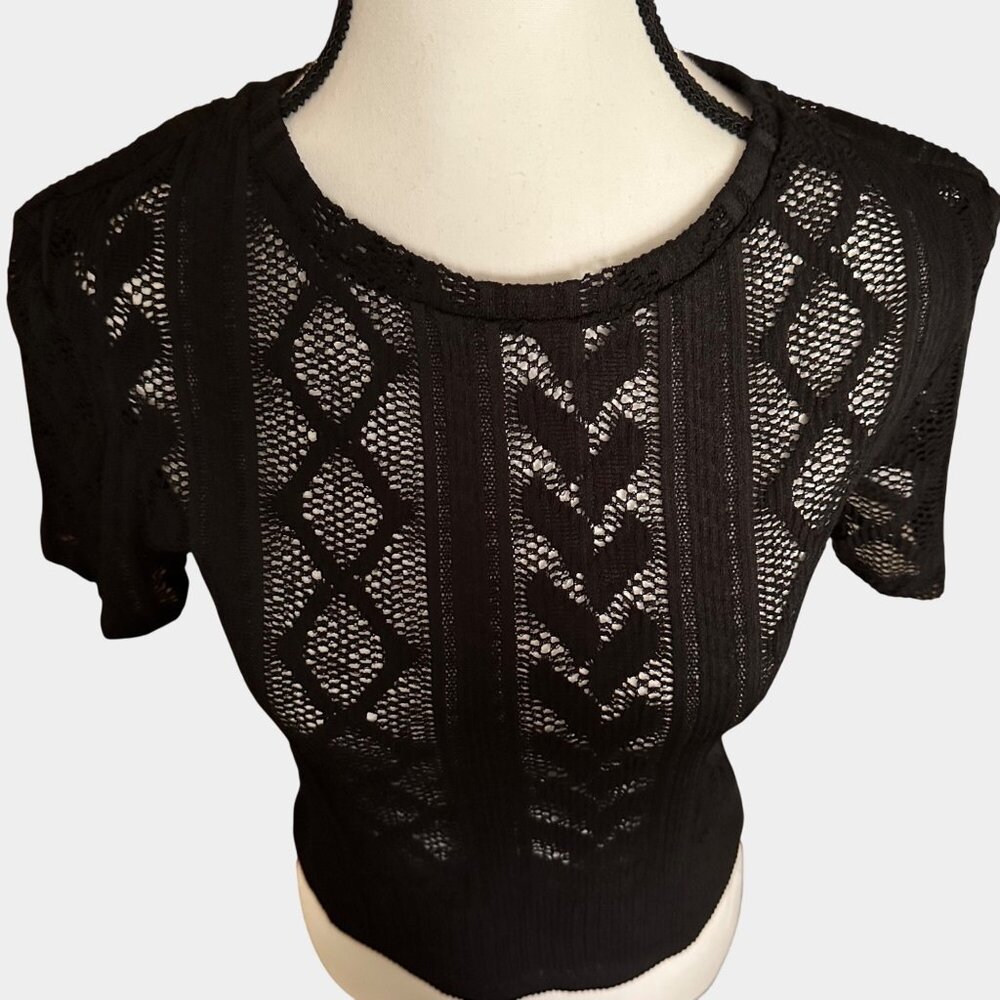 Zara Black Lace Knit Short-Sleeve Womens Top Size S Ribbed Hem Elegant Design - Picture 5 of 16